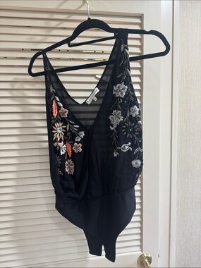 Karina Grimaldi Black Embroidered Floral Bodysuit